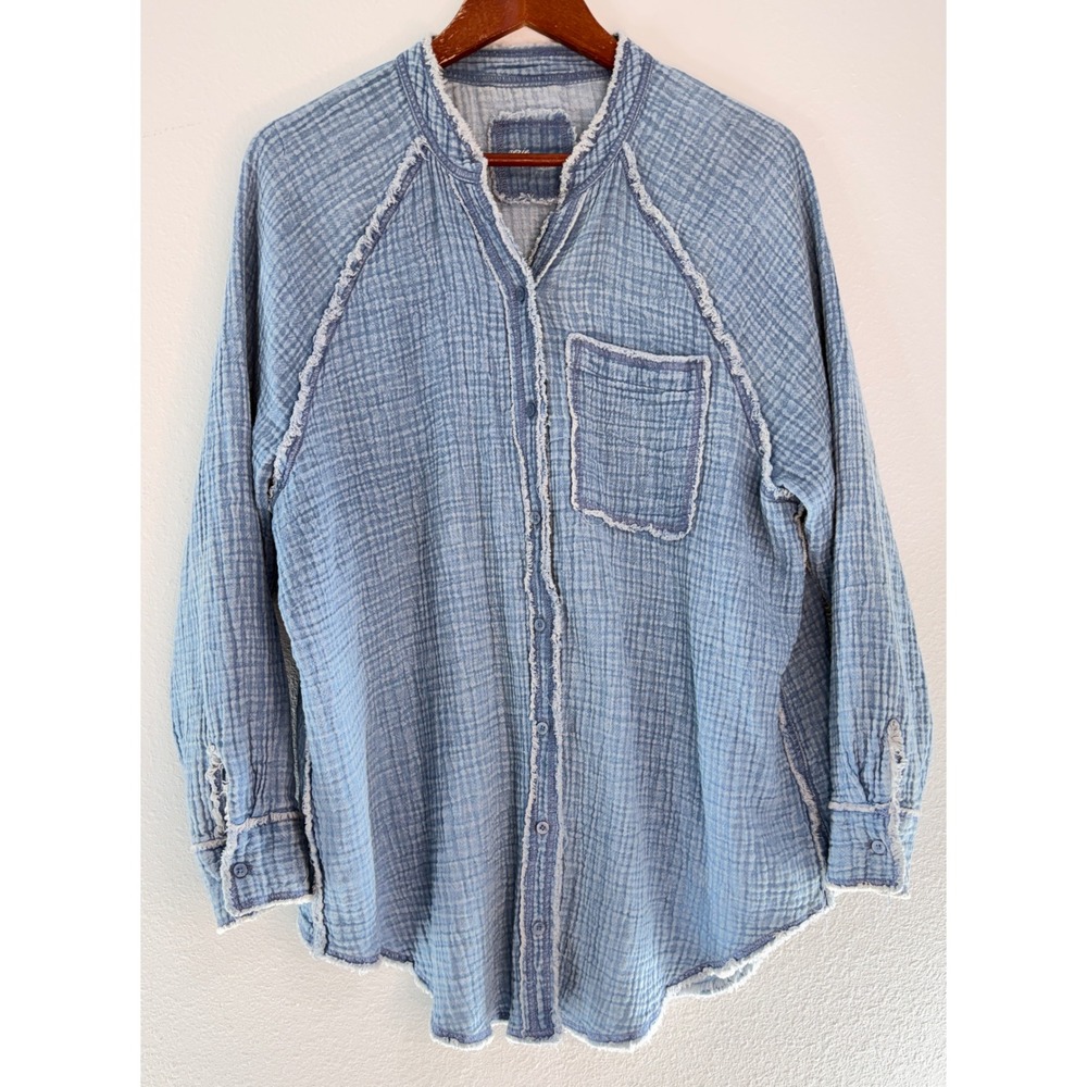 Aerie Blue Gauzy Cotton Oversized Tunic Top Raw Edge Boho Beach Casual Cottage S
